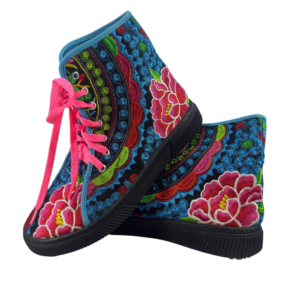 Women's Floral Embroidered High Top Boots Multicolor Lace Up Size 9.5